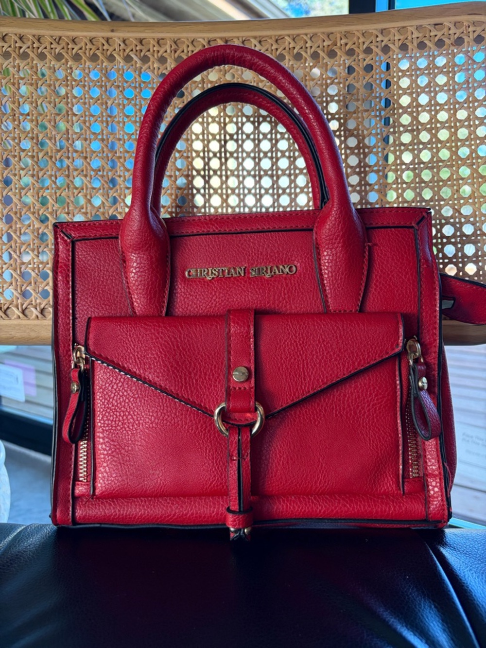 Christian Siriano Red Textured Leather Satchel with Front Pocket - Picture 4 of 9